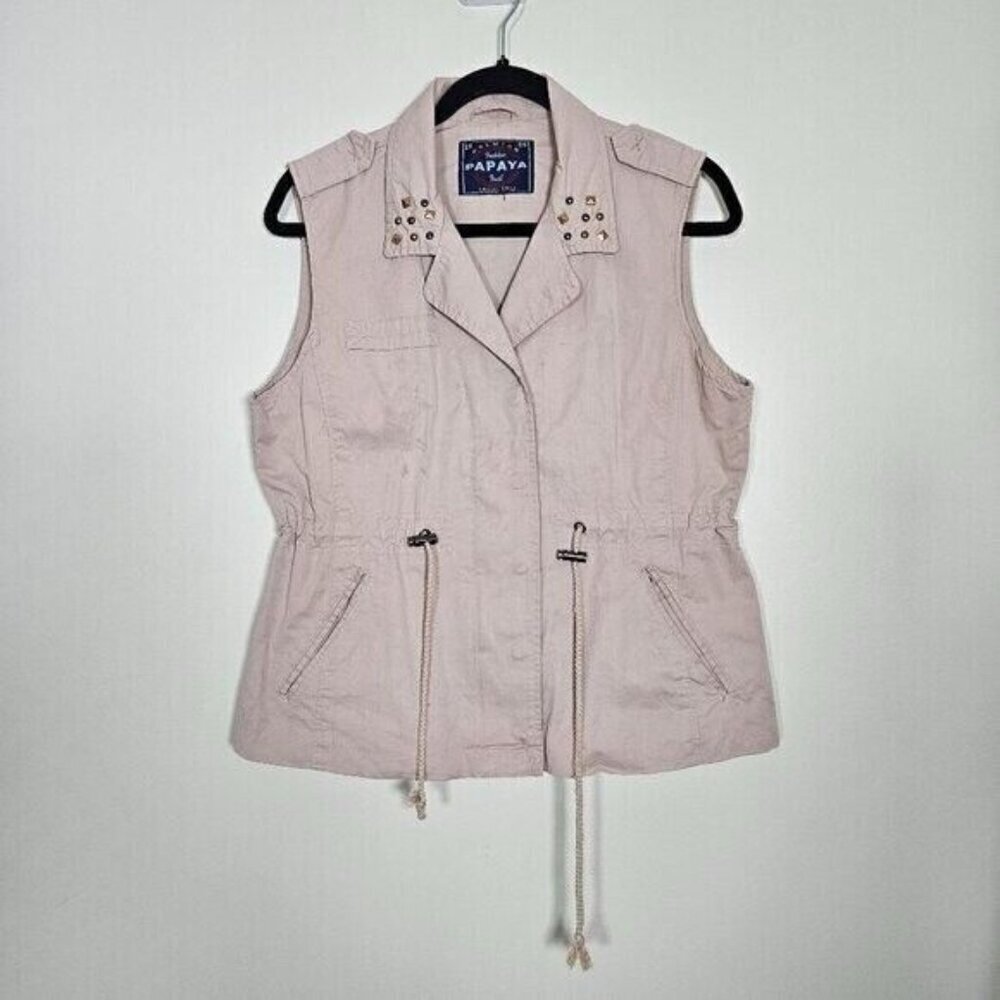 Papaya Vest Womens L Tan Full Zip Studs Pockets Drawstrings Cotton Boho Hippie